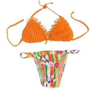 Recco brazilian bright orange knitted fringe top & striped bikini bottom New